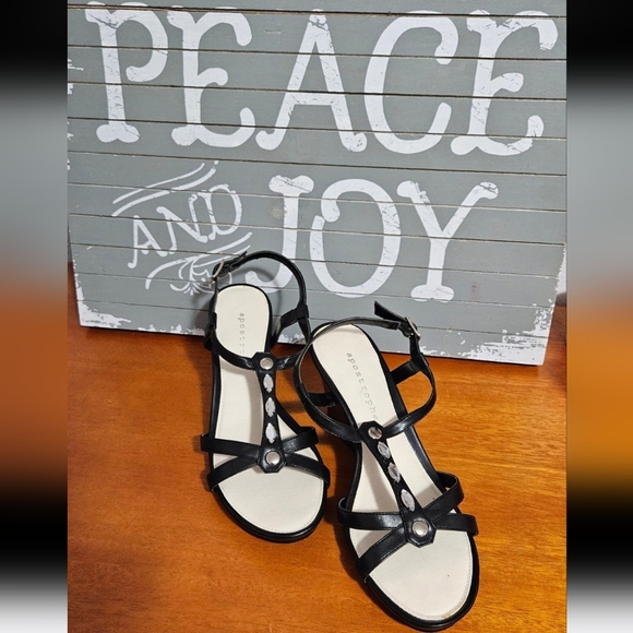 Chunky Wedge Heels Y2K Vibes Boho Ankle Buckle Sandals Cute Crystals Black 8 NWT - Picture 8 of 8